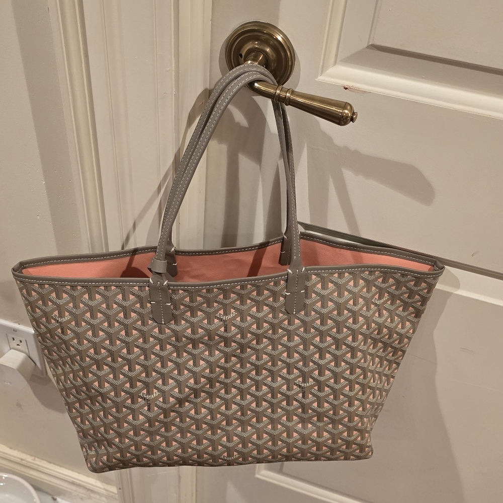 Goyard Goyardine Greige and Pink St. Louis PM Tote Bag Palladium Hardware